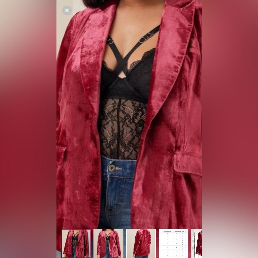 NWT Torrid Velvet Blazer Red Long Sleeve Collar Button Jacket Goth Large
